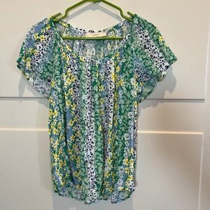 LOFT Floral Print Flutter Sleeve Blouse‎ Top Green Blue Yellow Womens Small